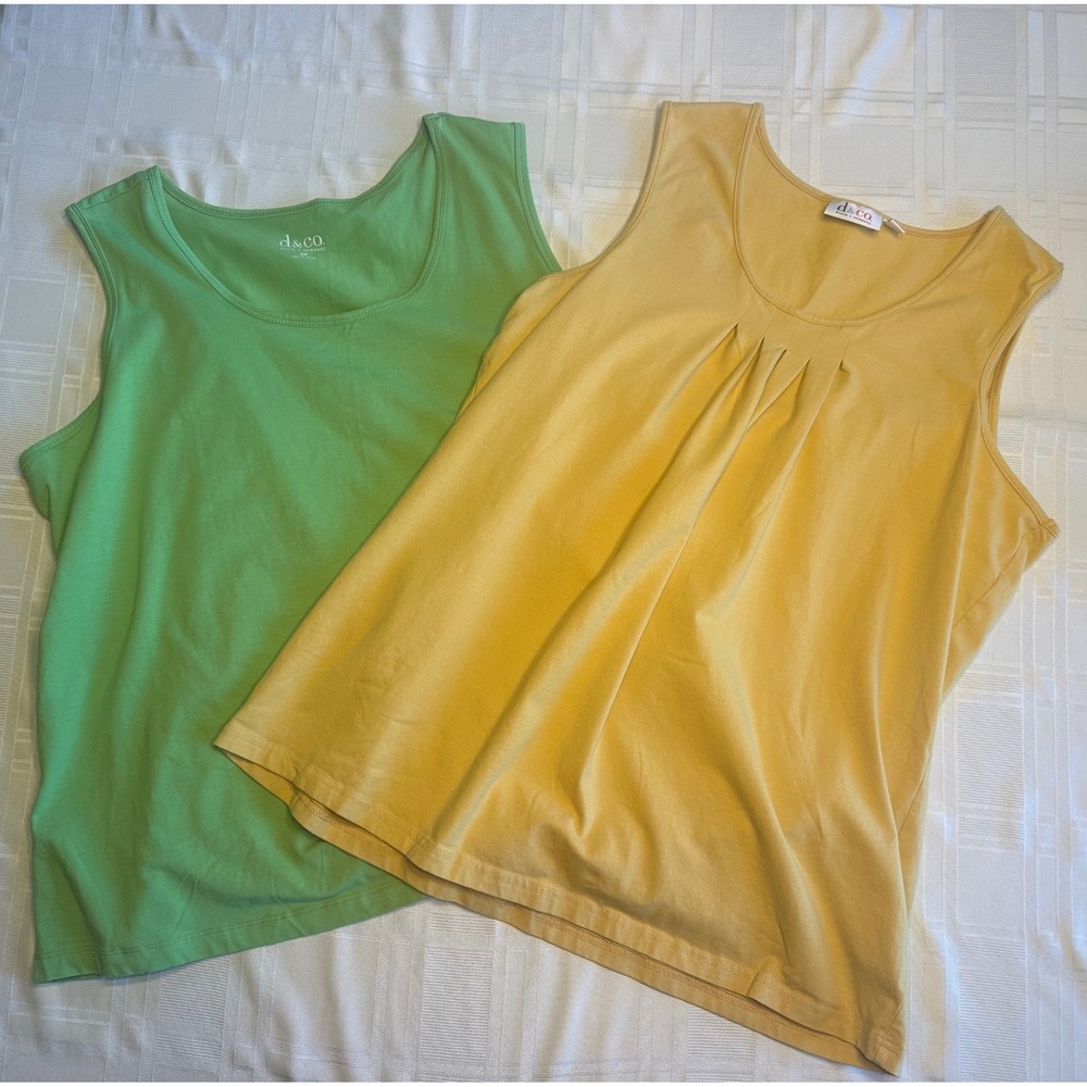 Denim & Co Tank Top Women 2X Green Yellow Bundle Sleeveless Scoop Neck Pleated